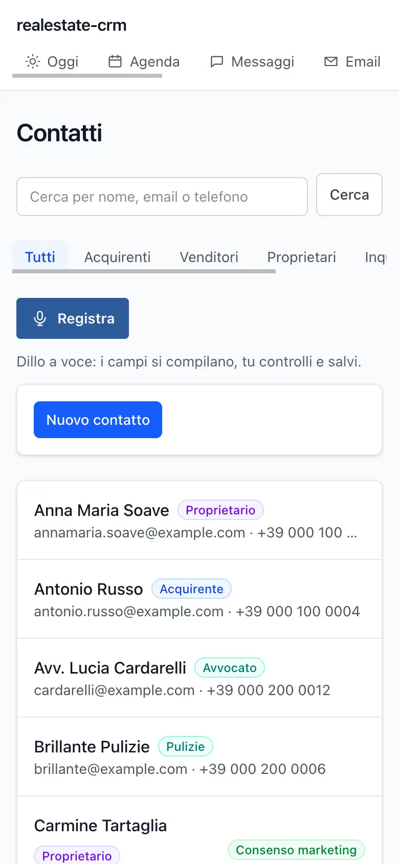 La schermata Contatti