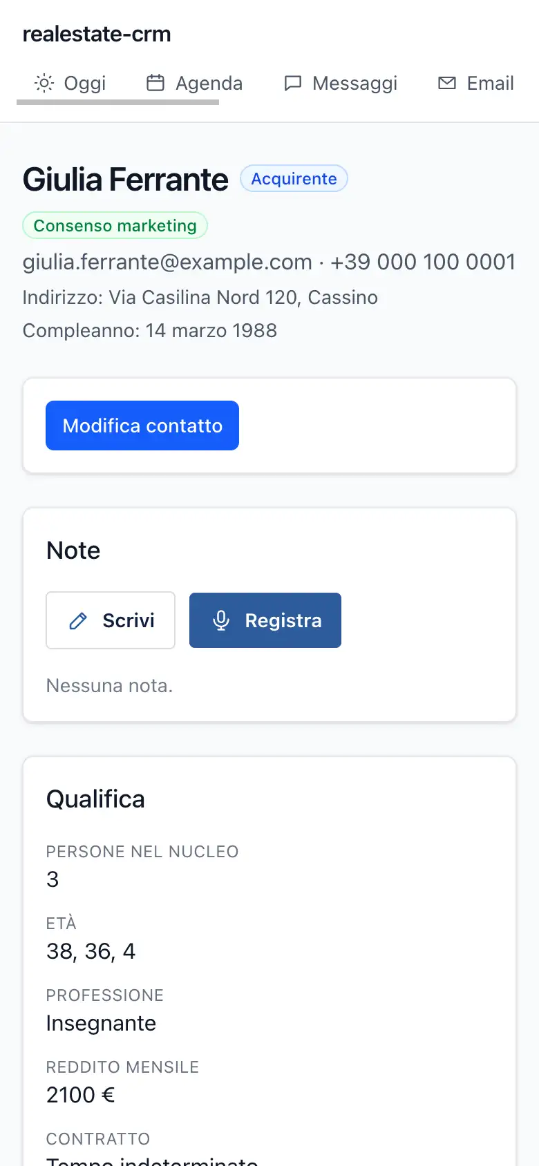 La schermata Scheda contatto