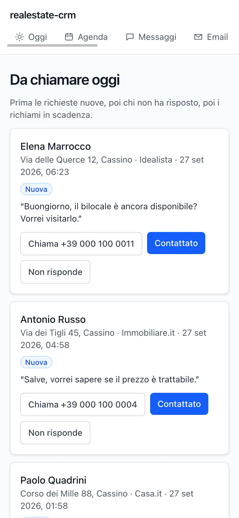 La schermata Da chiamare