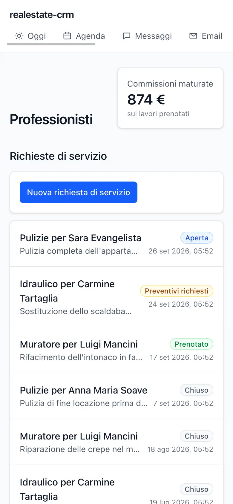 La schermata Professionisti